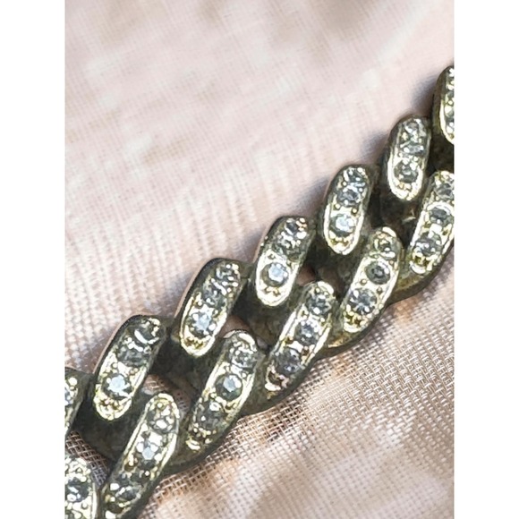 Vintage 80s 90s Rhinestone Curb Link Bracelet Gold Brass Tone Adjustable 7"-9" - Picture 3 of 3